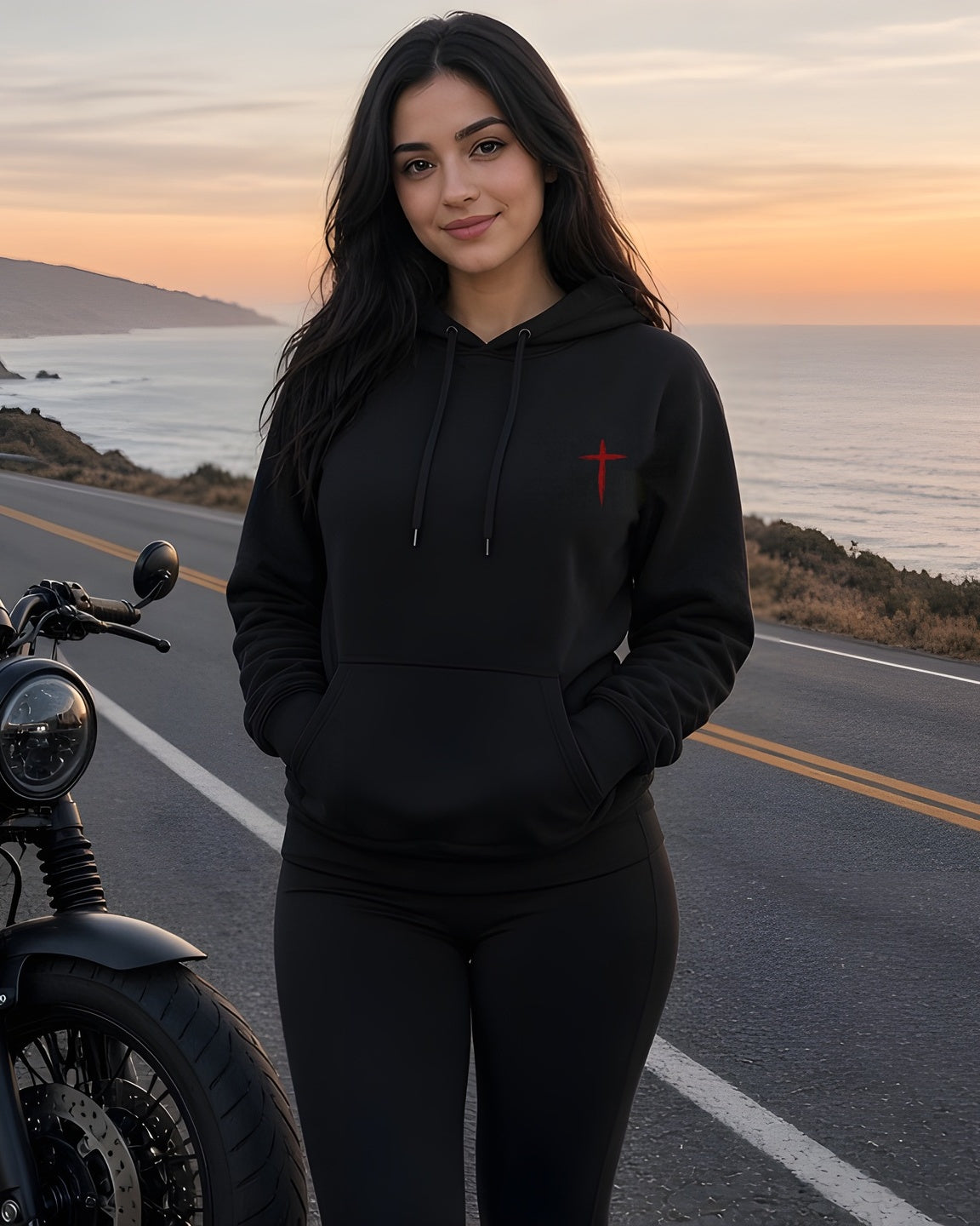 Woman in the black Throttle & Faith Chopper Hoodie standing by a motorcycle on the coast road.